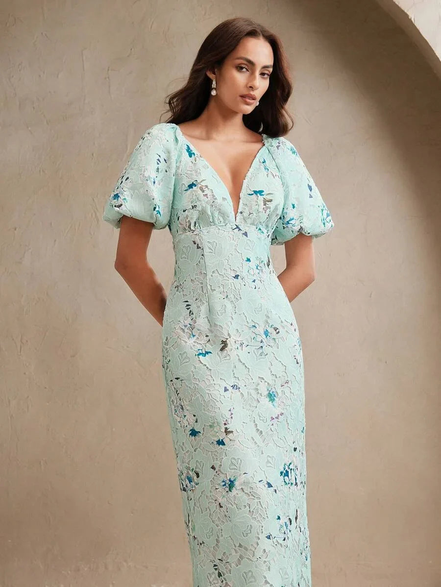 Womens Woven WaterSoluble Lace Lace Lace Bubble Short Sleeved VNeck Fashionable Printed Dress