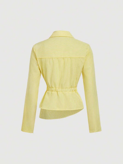 Womens Yellow and White Striped Turndown Collar Fold Over Long Sleeve Crop Top Business Business Casual