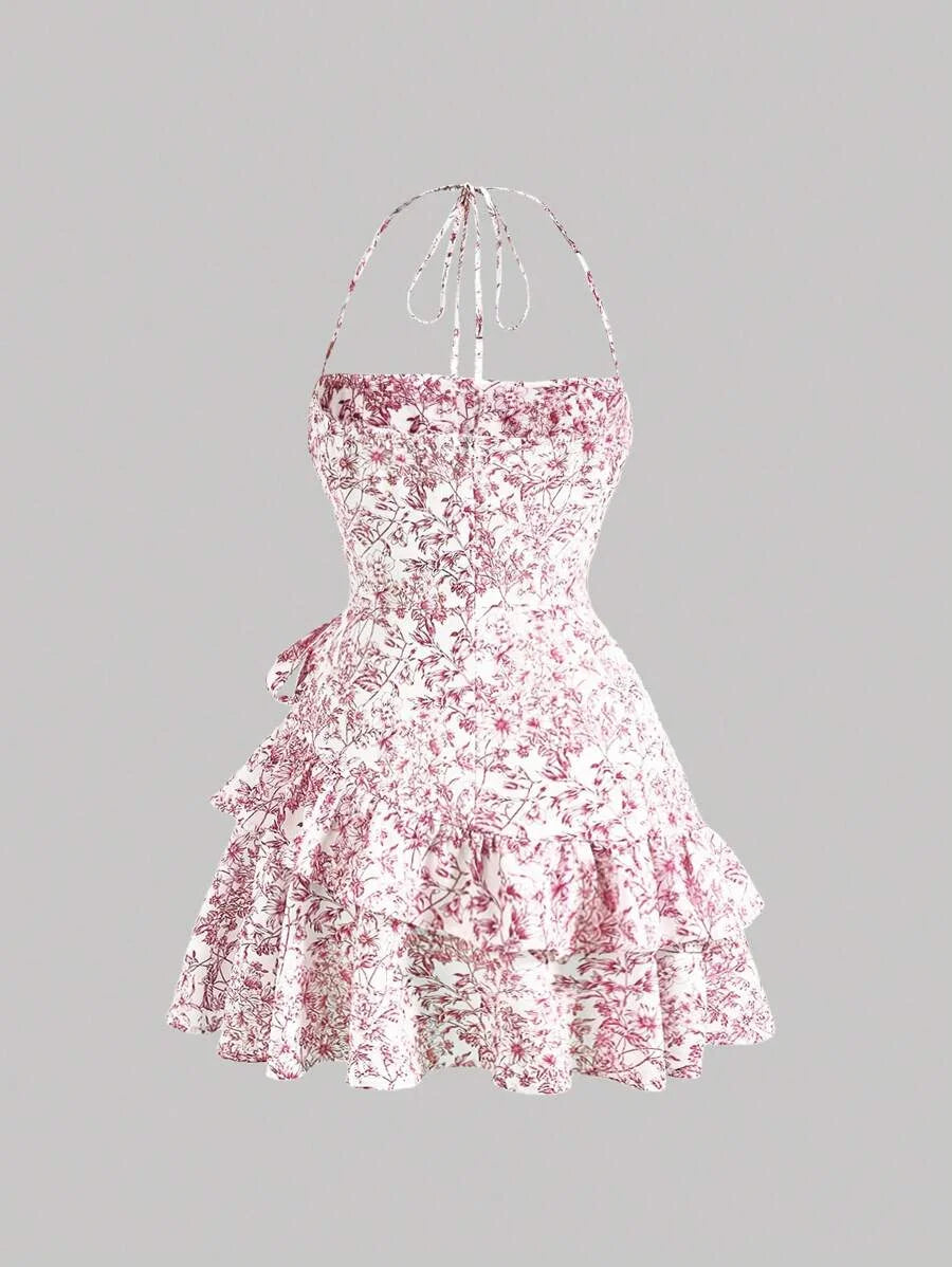 X Marika Sila Summer Pink Allover Floral Print Ruffle Trim Tie Backless Ruched Bust Halter