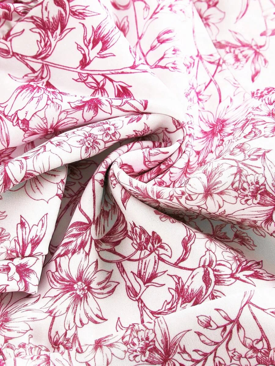 X Marika Sila Summer Pink Allover Floral Print Ruffle Trim Tie Backless Ruched Bust Halter