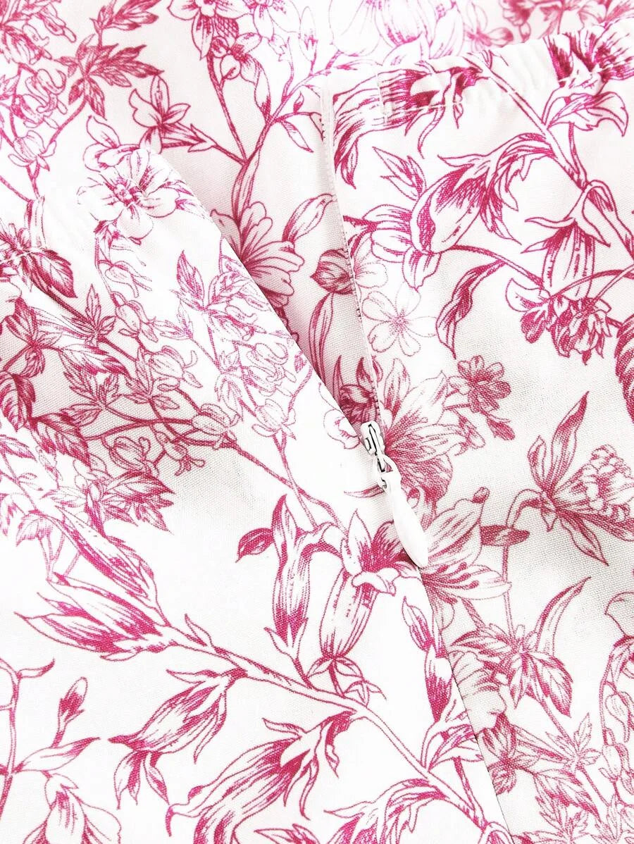 X Marika Sila Summer Pink Allover Floral Print Ruffle Trim Tie Backless Ruched Bust Halter