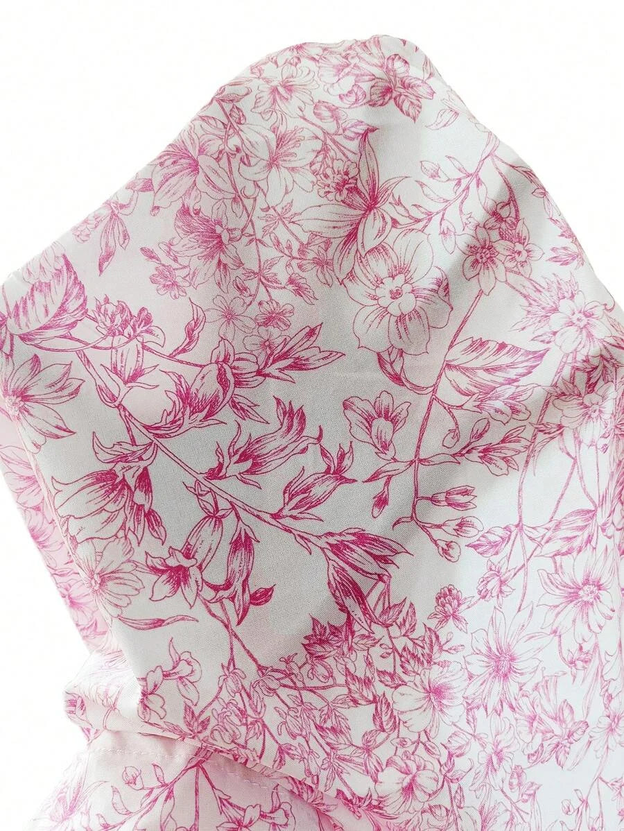 X Marika Sila Summer Pink Allover Floral Print Ruffle Trim Tie Backless Ruched Bust Halter