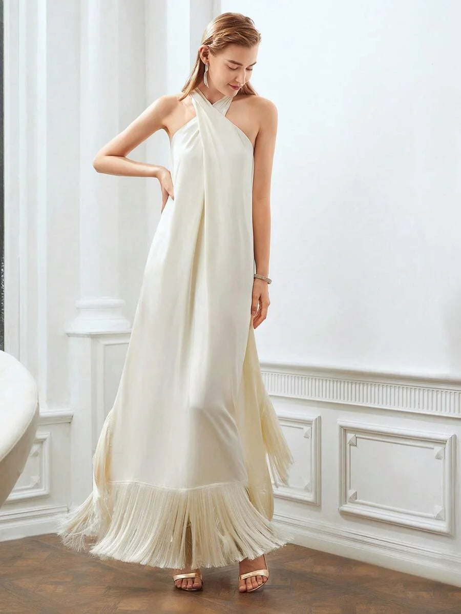 X Nour PREMIUM FRINGE HEM CROSS HALTER DRESS