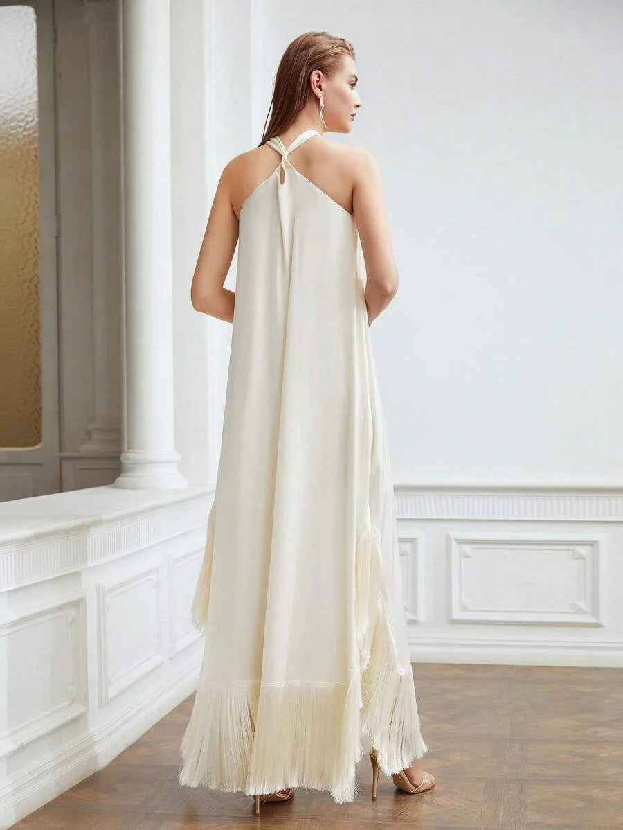X Nour PREMIUM FRINGE HEM CROSS HALTER DRESS