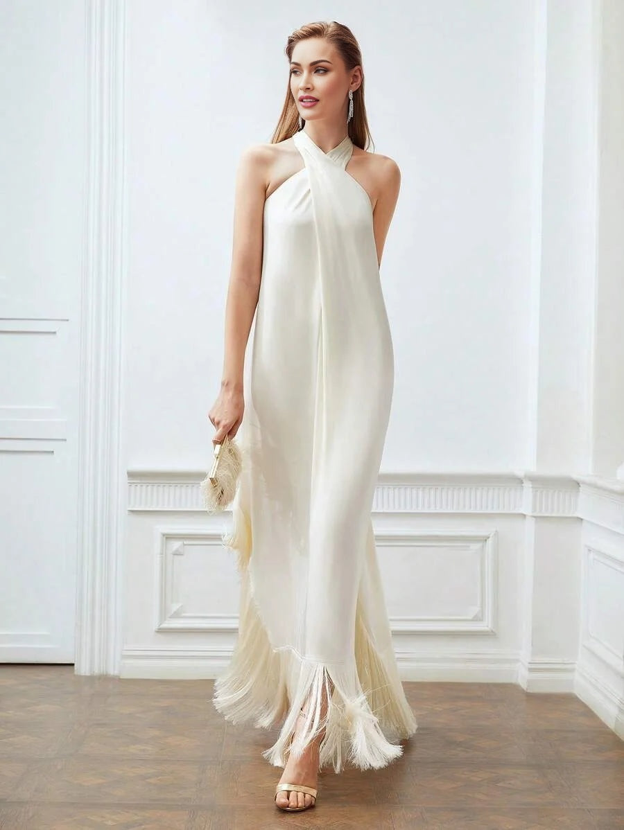 X Nour PREMIUM FRINGE HEM CROSS HALTER DRESS