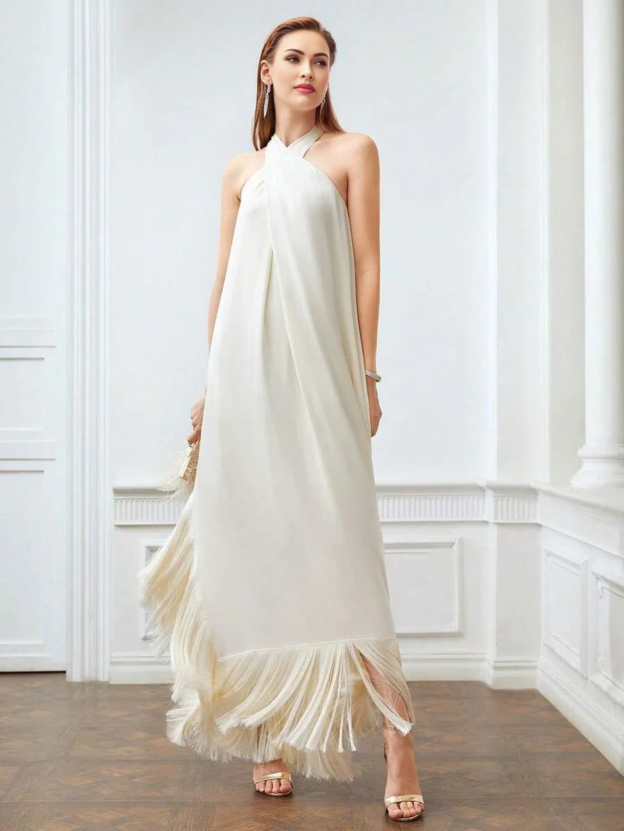 X Nour PREMIUM FRINGE HEM CROSS HALTER DRESS