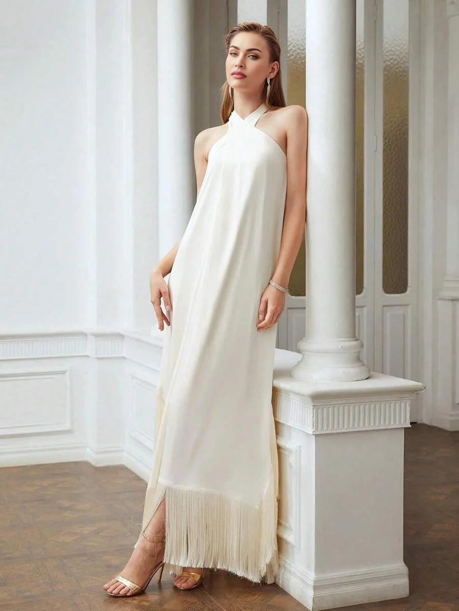 X Nour PREMIUM FRINGE HEM CROSS HALTER DRESS