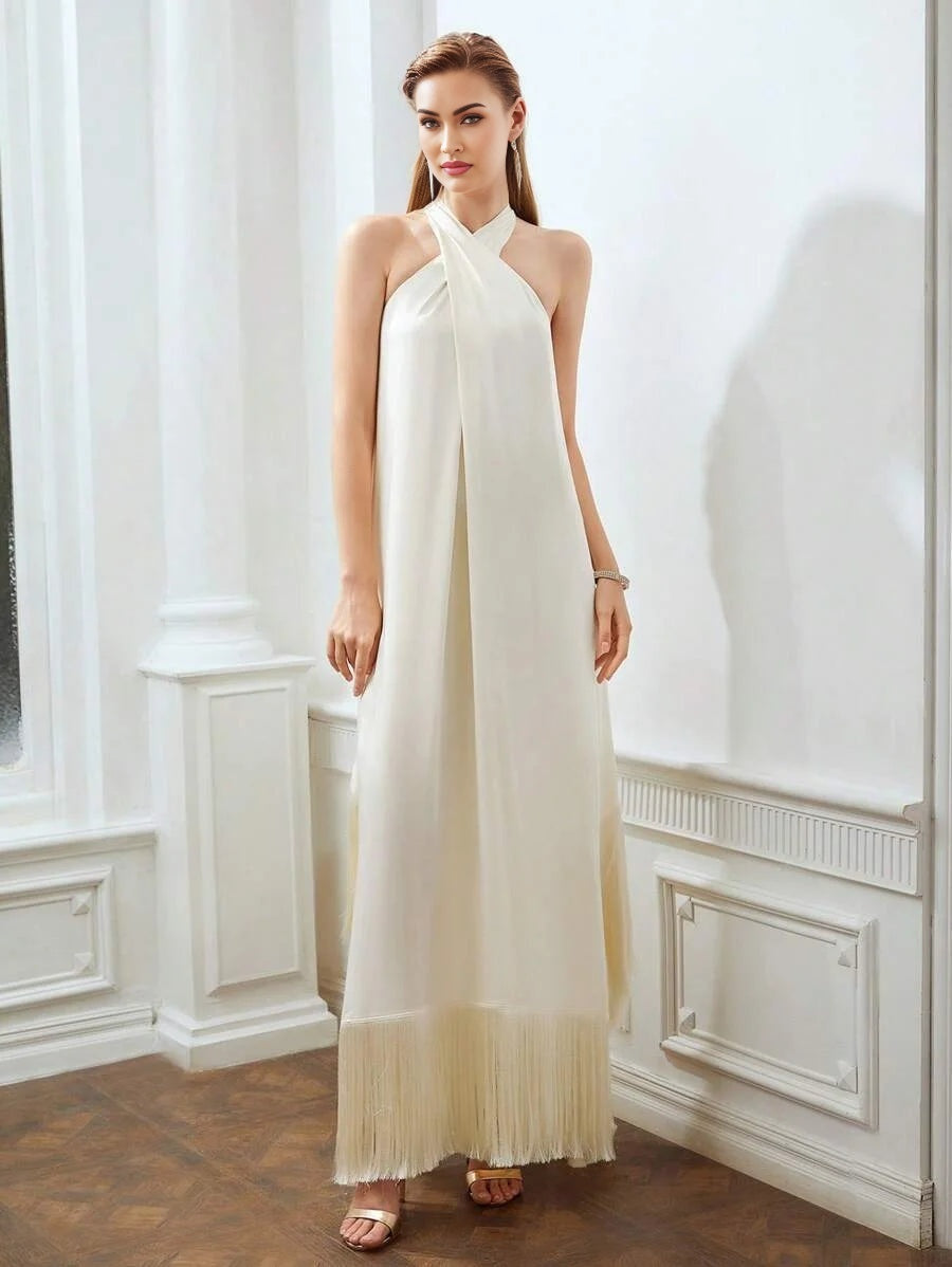 X Nour PREMIUM FRINGE HEM CROSS HALTER DRESS