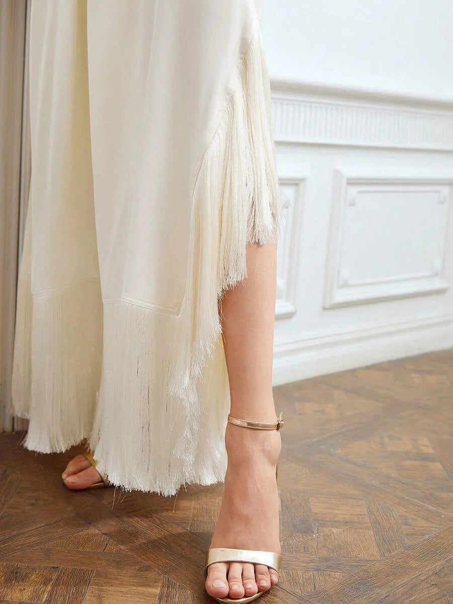 X Nour PREMIUM FRINGE HEM CROSS HALTER DRESS