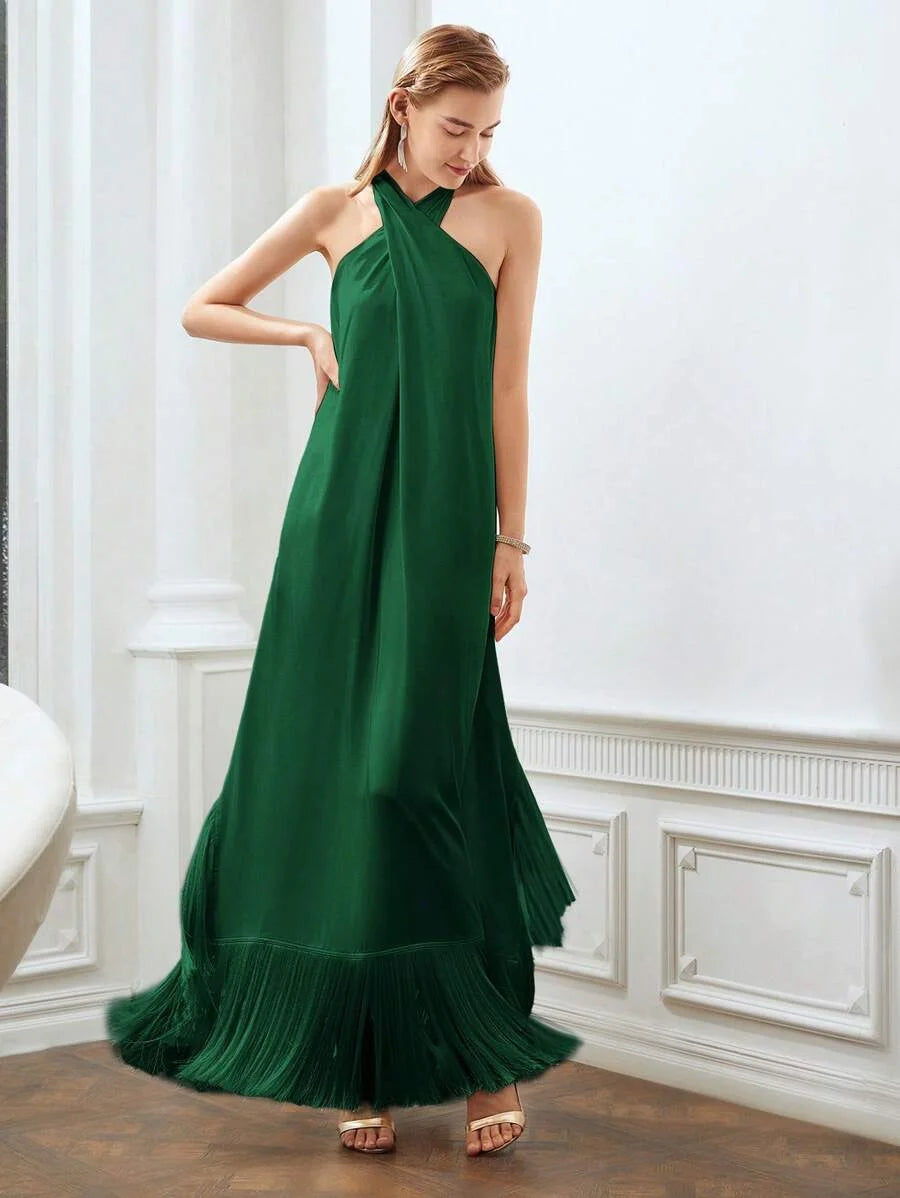 X Nour PREMIUM SOLID FRINGE HEM CRISSCROSS HALTER DRESS