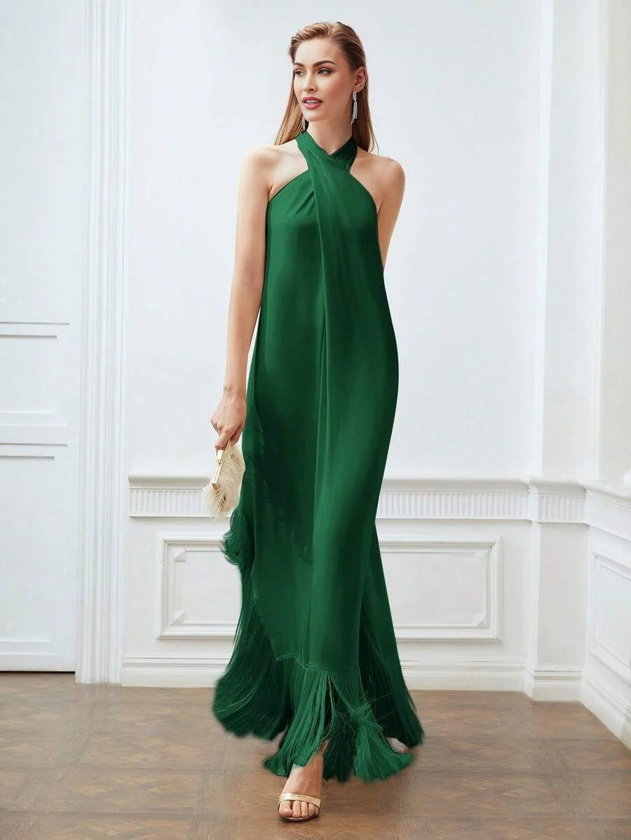 X Nour PREMIUM SOLID FRINGE HEM CRISSCROSS HALTER DRESS