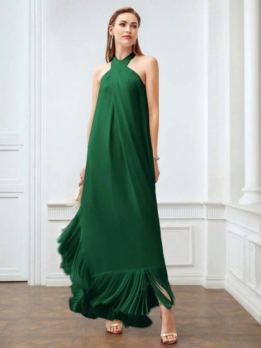 X Nour PREMIUM SOLID FRINGE HEM CRISSCROSS HALTER DRESS