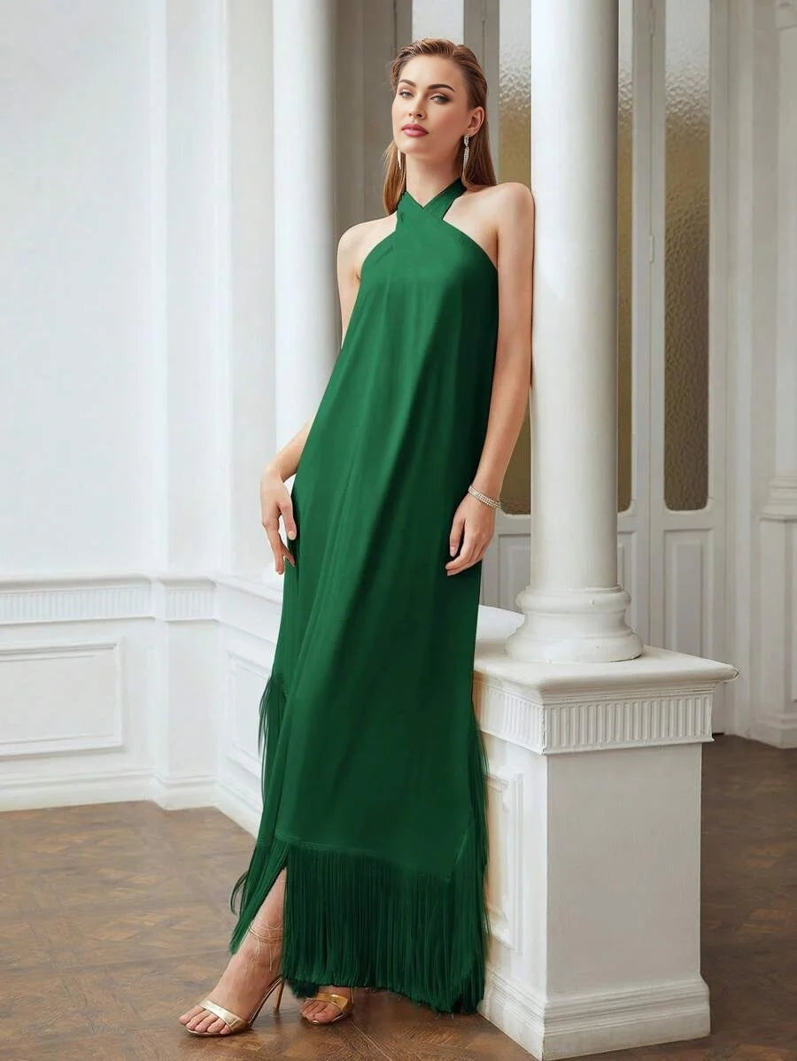 X Nour PREMIUM SOLID FRINGE HEM CRISSCROSS HALTER DRESS