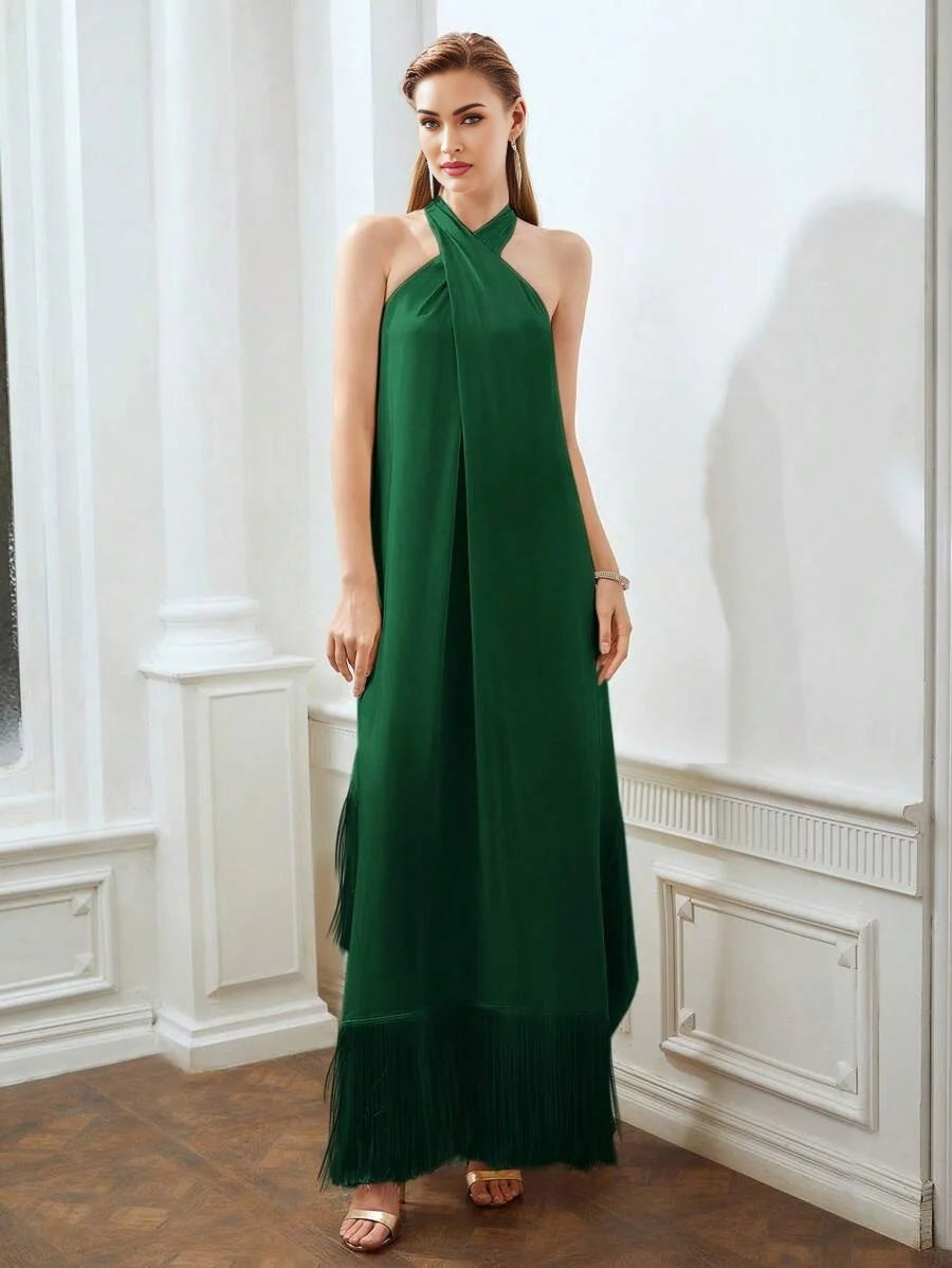 X Nour PREMIUM SOLID FRINGE HEM CRISSCROSS HALTER DRESS