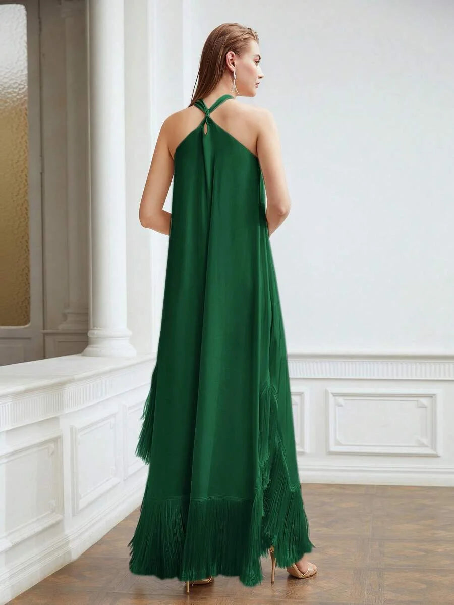 X Nour PREMIUM SOLID FRINGE HEM CRISSCROSS HALTER DRESS