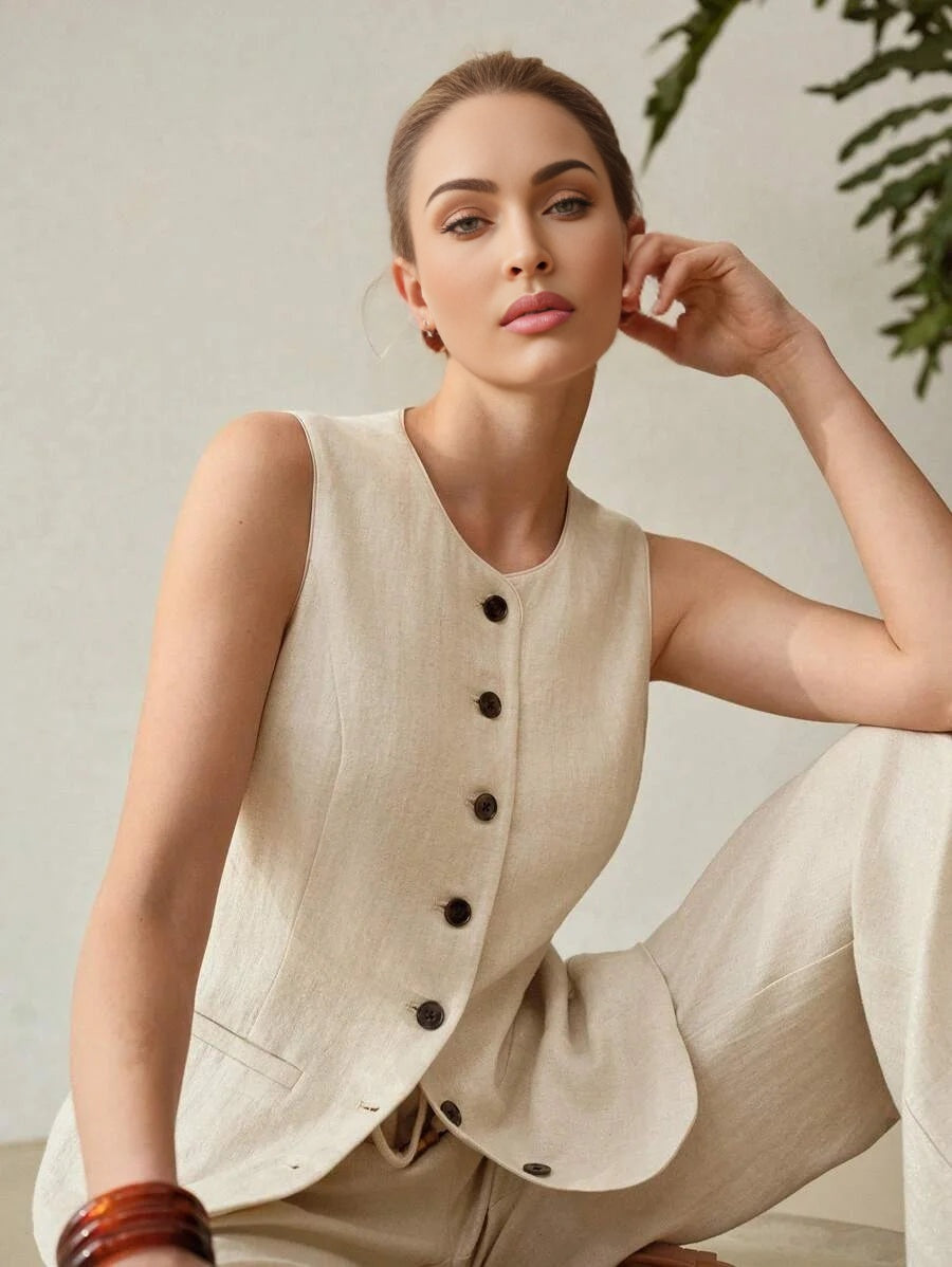 X PRISCILA amp JIMENA MOTF PREMIUM LINEN SINGLE BREASTED WAISTCOAT