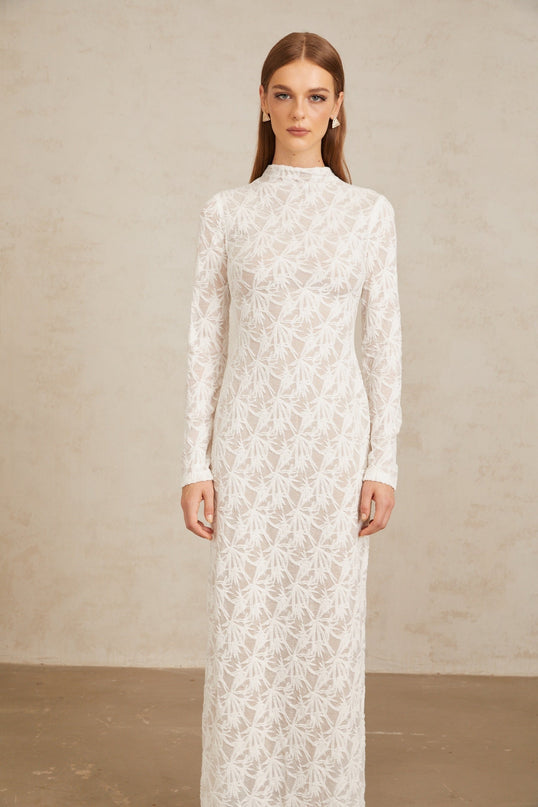 Xavière White Floral Crochet Knit Maxi Dress