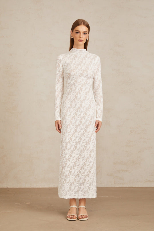 Xavière White Floral Crochet Knit Maxi Dress
