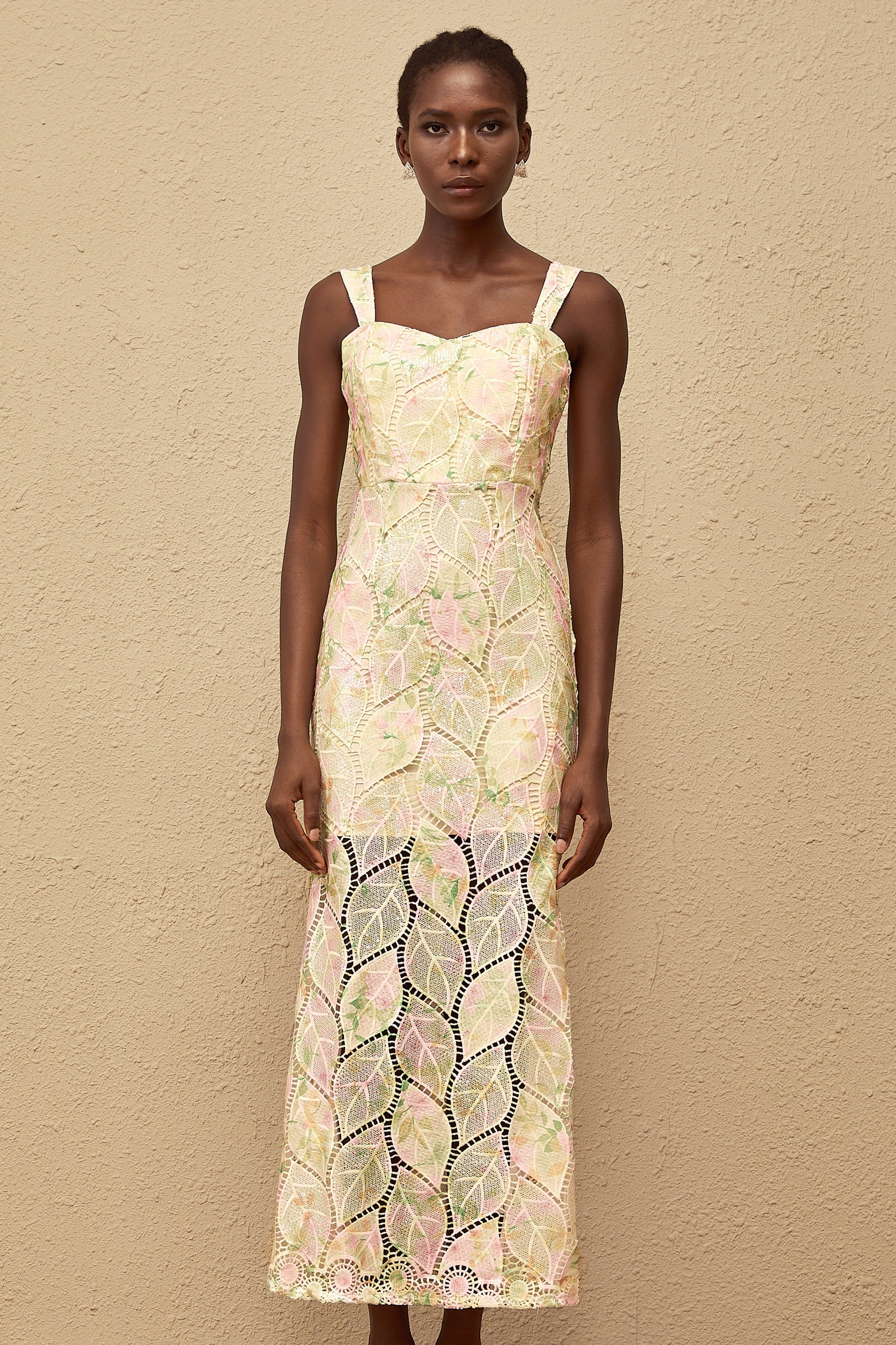 Xénia Neutral Leaf Applique Cut Out Maxi Dress