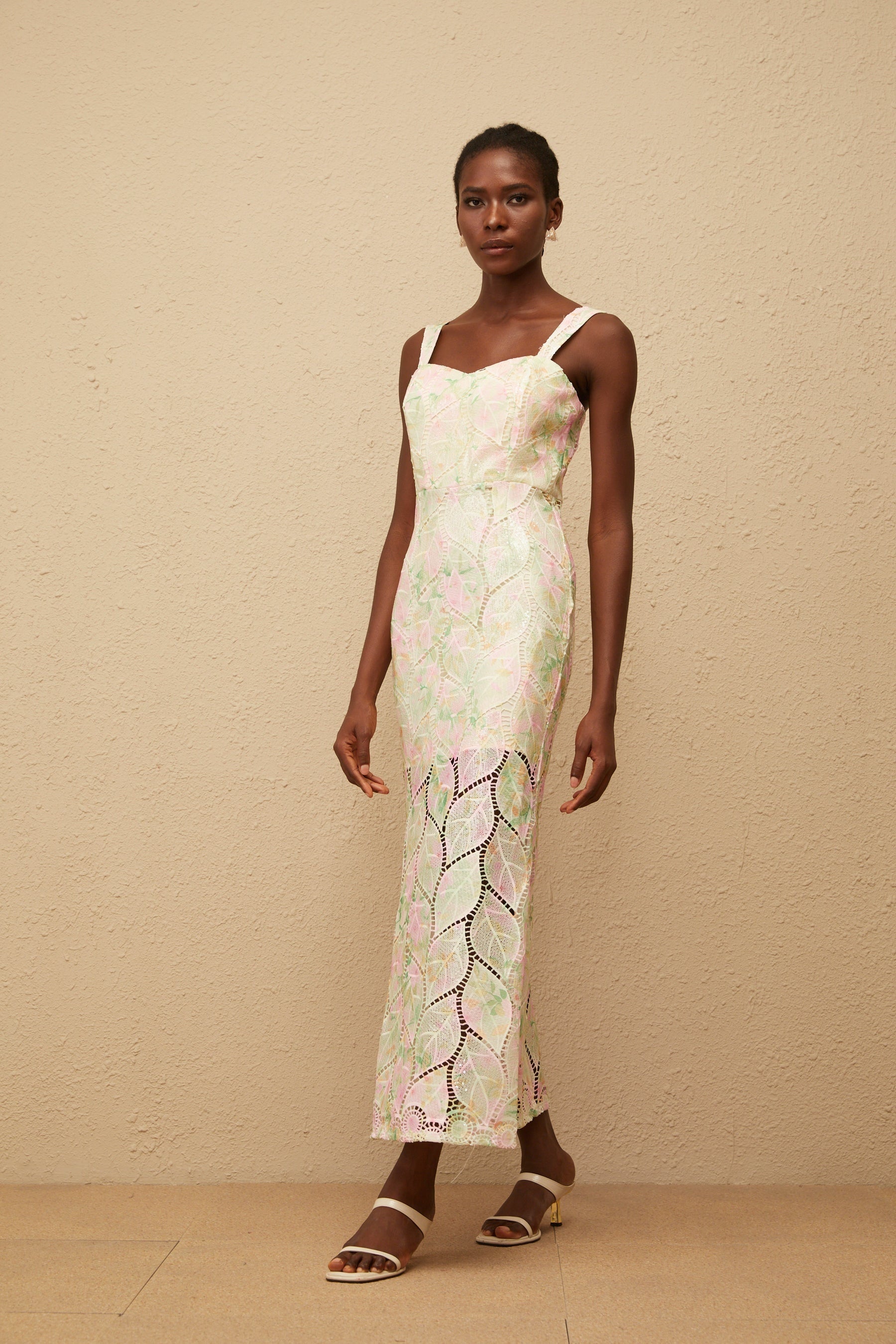 Xénia Neutral Leaf Applique Cut Out Maxi Dress