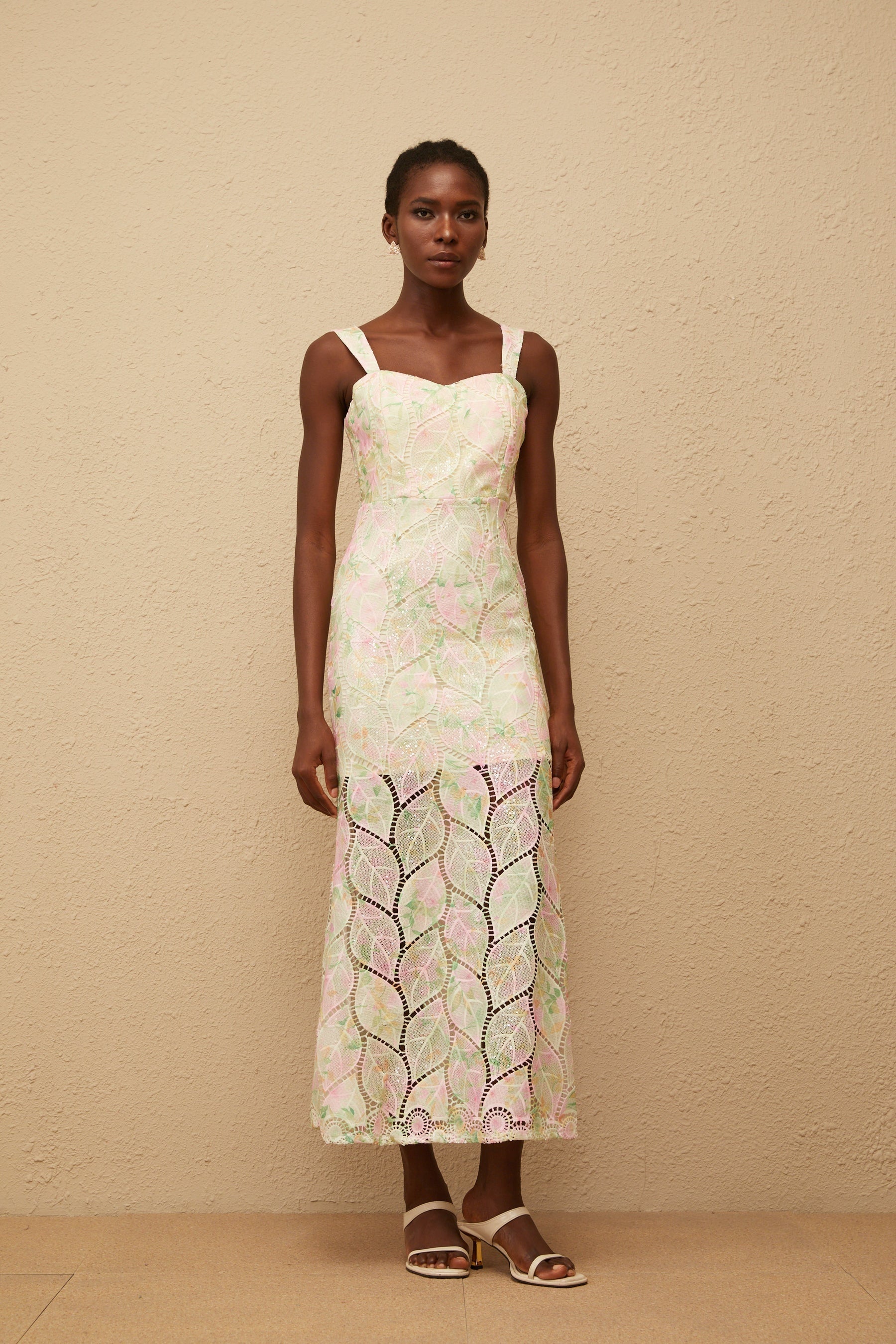 Xénia Neutral Leaf Applique Cut Out Maxi Dress