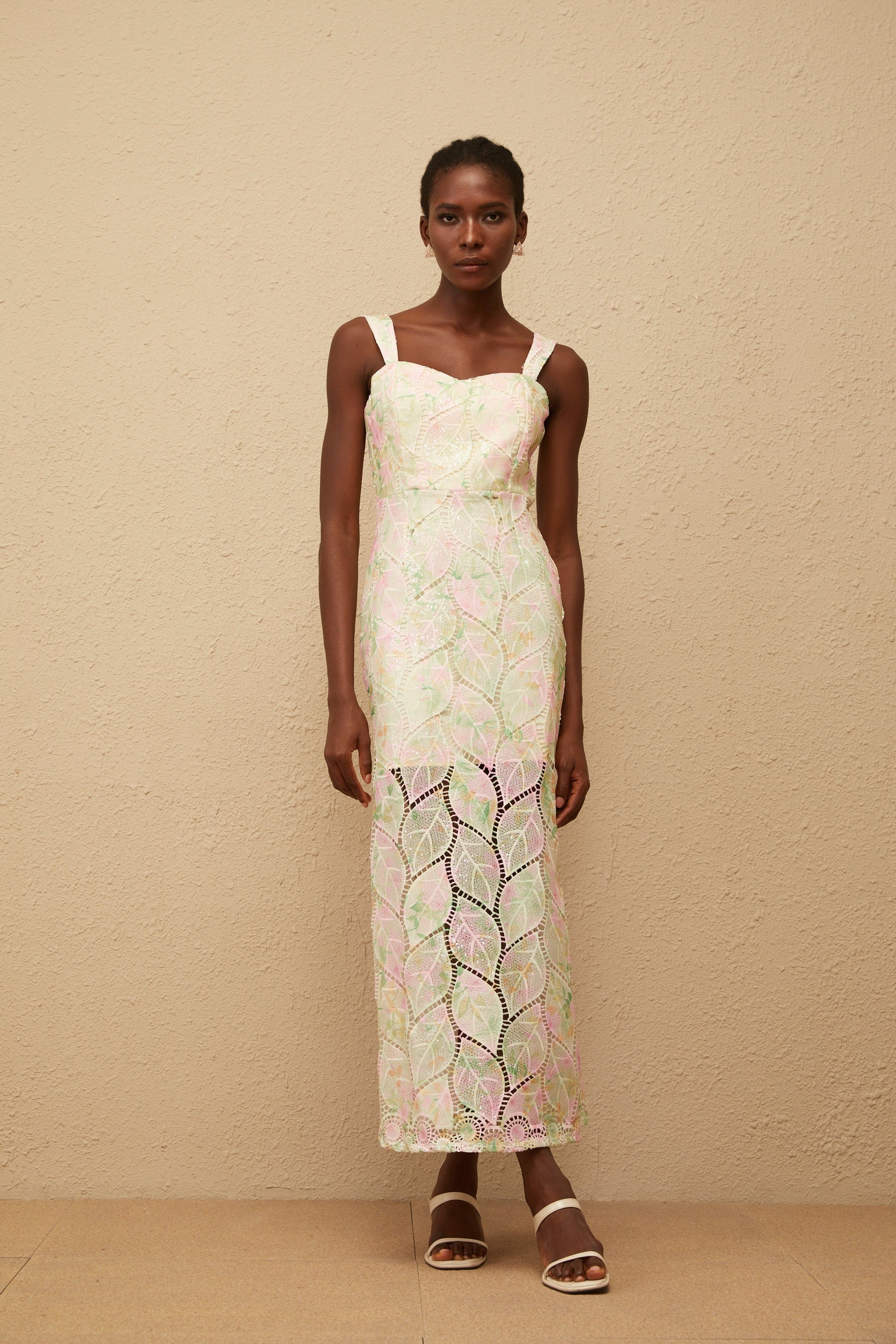 Xénia Neutral Leaf Applique Cut Out Maxi Dress