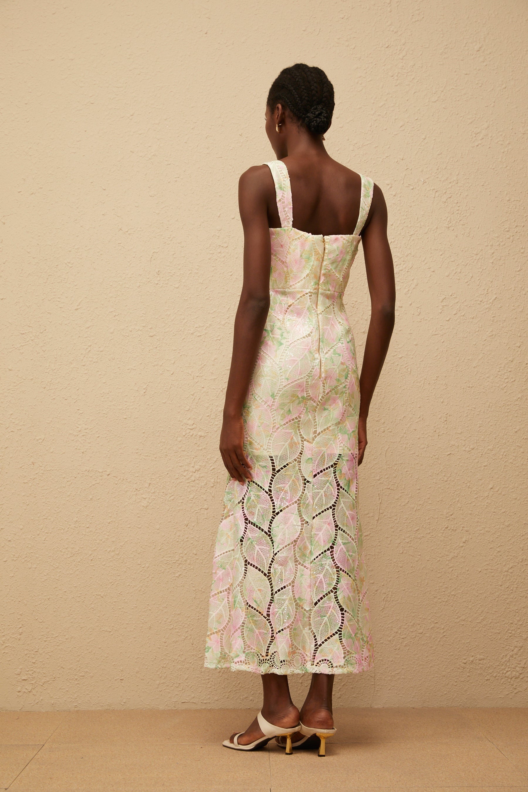 Xénia Neutral Leaf Applique Cut Out Maxi Dress