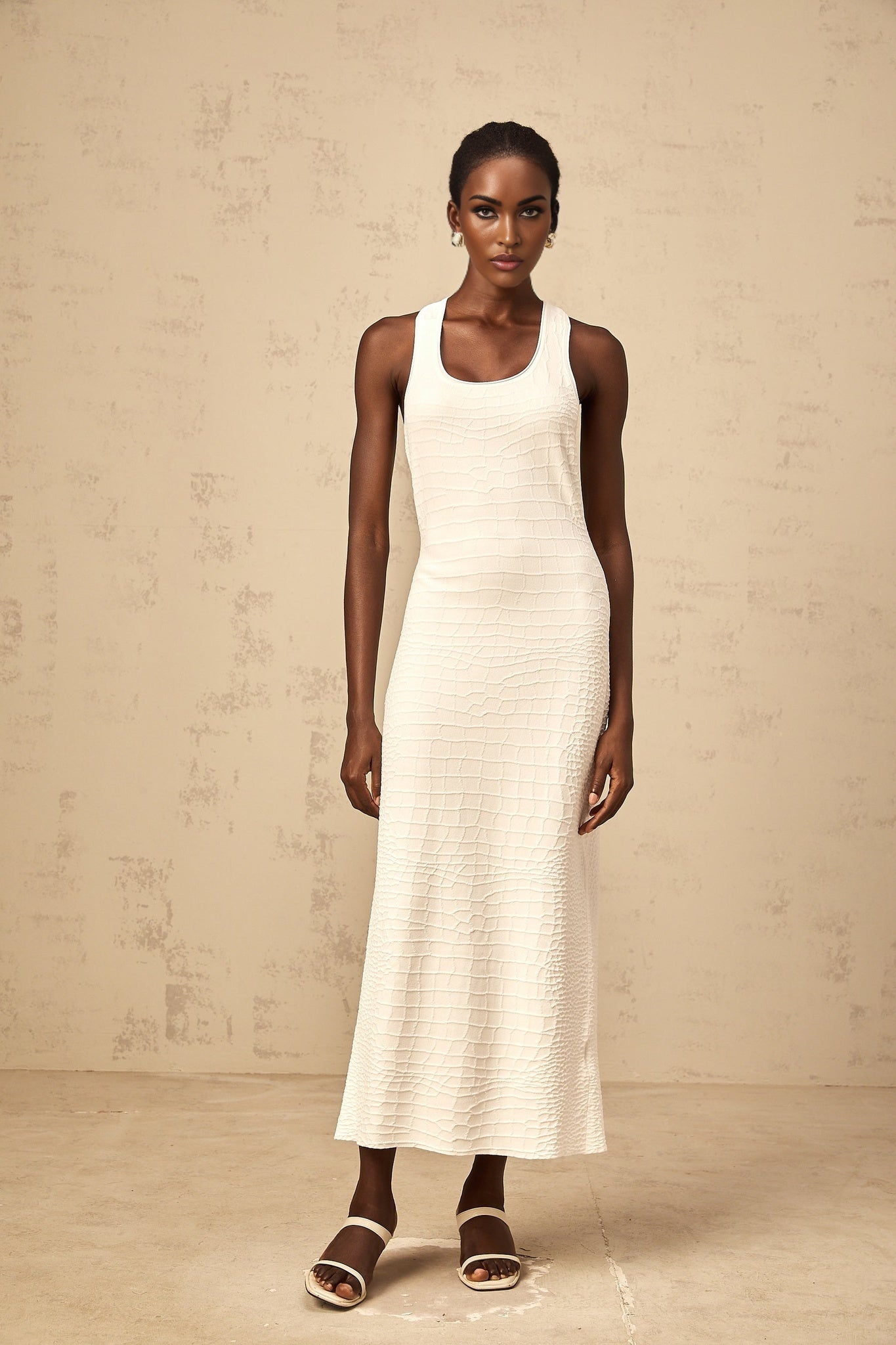 Xenia white textured jacquard sleeveless tank midi dress on plain background