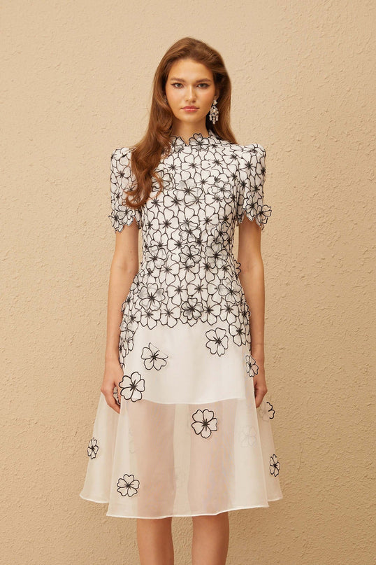 Yaelle White Floral Appliqué Tulle Midi Dress