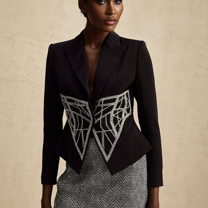 Yara Black Crystal Embellished Slim Fit Jacket