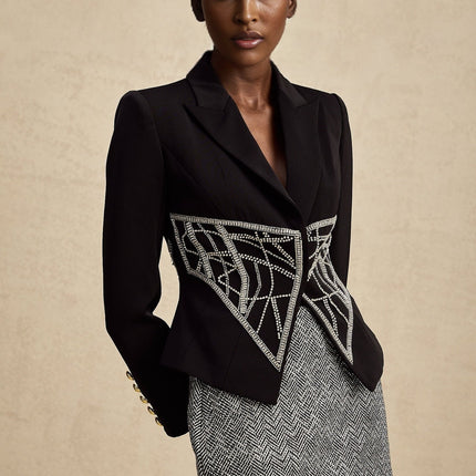 Yara Black Crystal Embellished Slim Fit Jacket