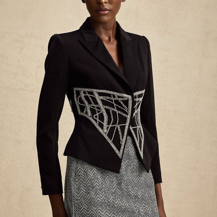 Yara Black Crystal Embellished Slim Fit Jacket Polyamide Elastane
