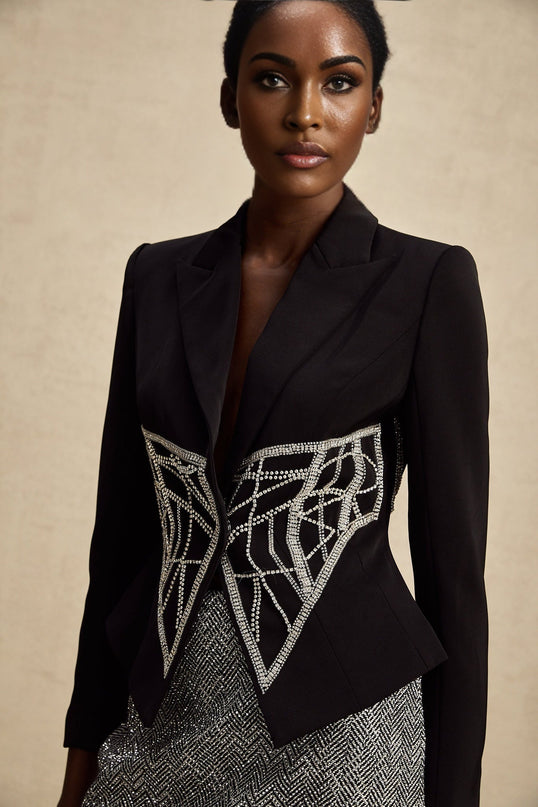 Yara Black Crystal Embellished Slim Fit Jacket