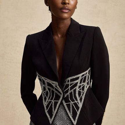 Yara Black Crystal Embellished Slim Fit Jacket