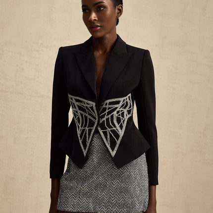 Yara Black Crystal Embellished Slim Fit Jacket
