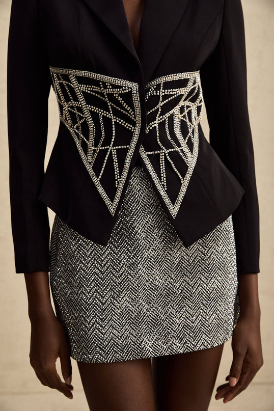 Yara Black Crystal Embellished Slim Fit Jacket