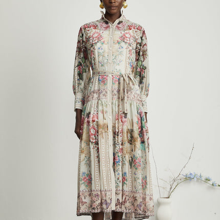 Yara Floral Print Midi Dress in Multicolor Neutrals