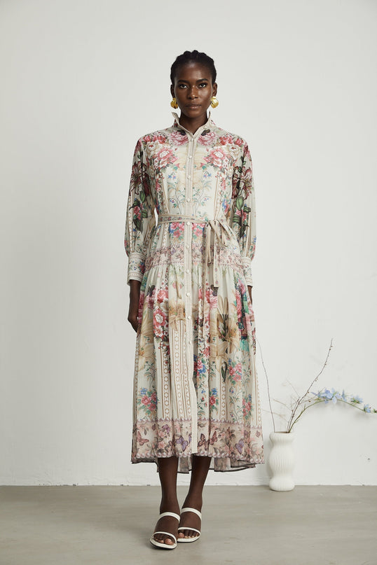 Yara Floral Print Midi Dress in Multicolor Neutrals