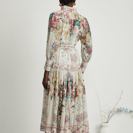 Yara Floral Print Midi Dress in Multicolor Neutrals