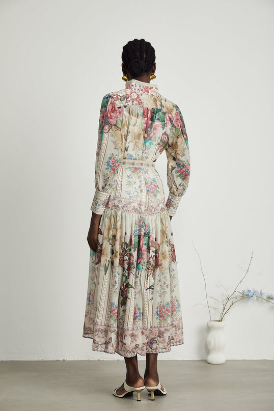 Yara Floral Print Midi Dress in Multicolor Neutrals