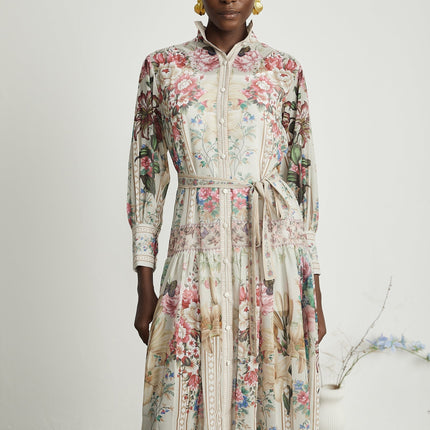 Yara Floral Print Midi Dress in Multicolor Neutrals