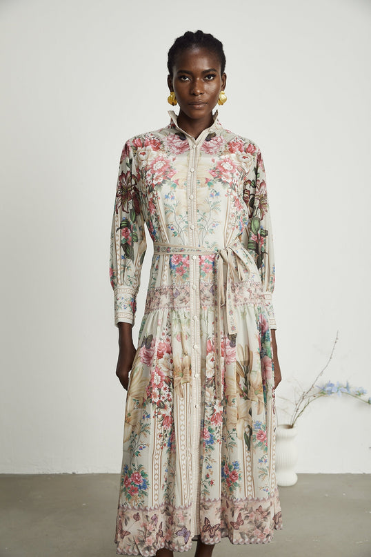 Yara Floral Print Midi Dress in Multicolor Neutrals