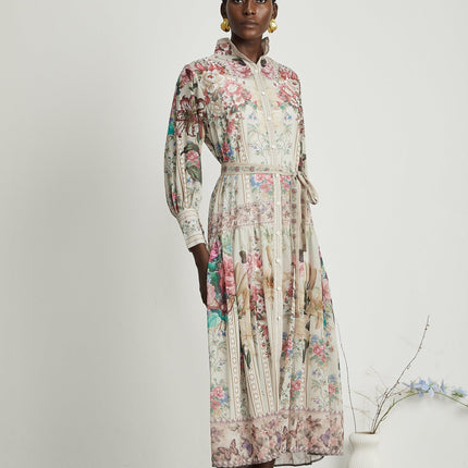 Yara Floral Print Midi Dress in Multicolor Neutrals