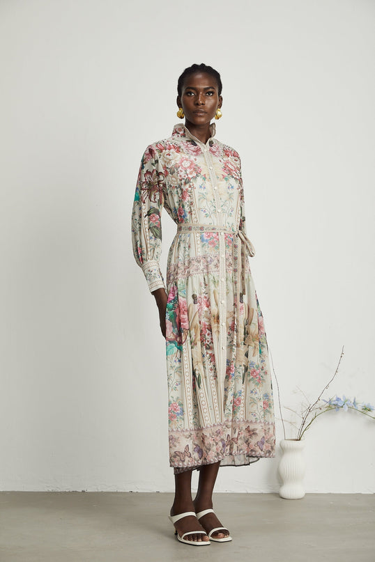 Yara Floral Print Midi Dress in Multicolor Neutrals