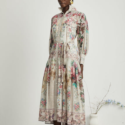Yara Floral Print Midi Dress in Multicolor Neutrals