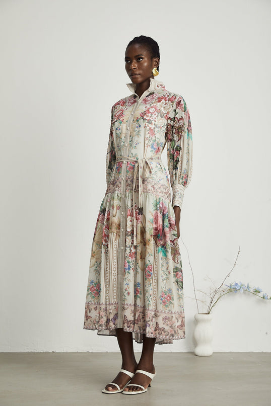 Yara Floral Print Midi Dress in Multicolor Neutrals