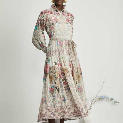 Yara Floral Print Midi Dress in Neutrals Multicolor