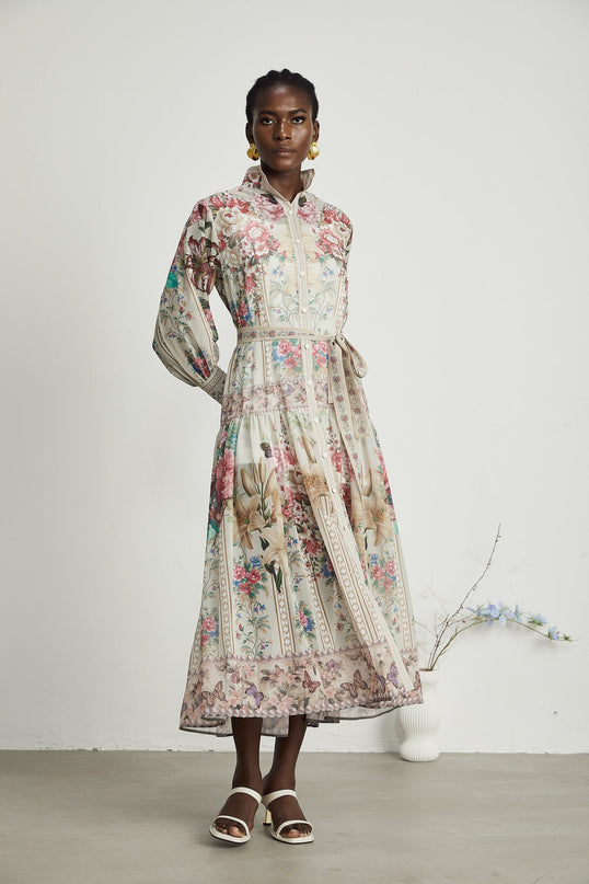 Yara Floral Print Midi Dress in Neutrals Multicolor