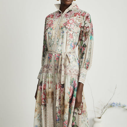 Yara Floral Print Midi Dress in Neutrals Multicolor