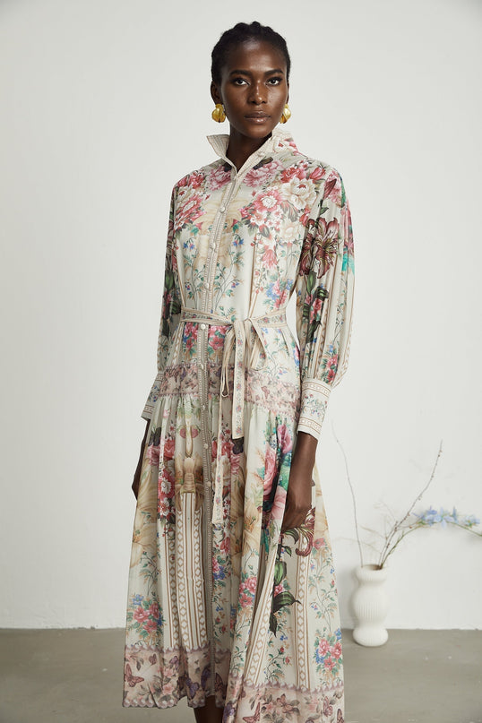 Yara Floral Print Midi Dress in Neutrals Multicolor